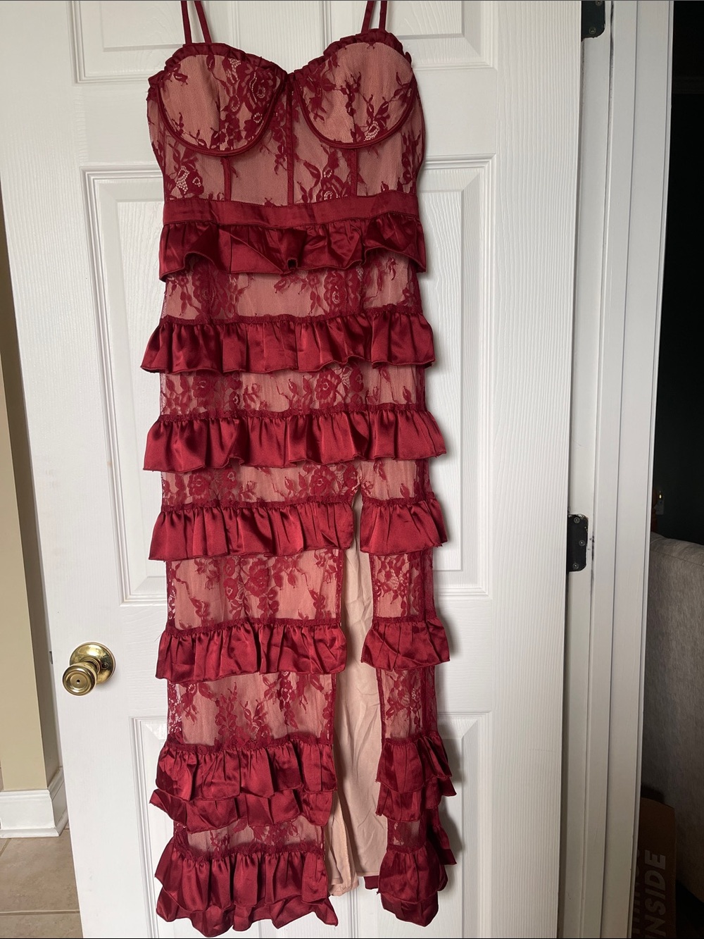 Vici Burgundy Lace Ruffle Maxi Dress, size S, new